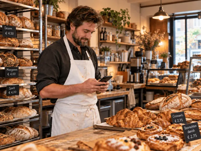 A bakery owner checking payments on his phone